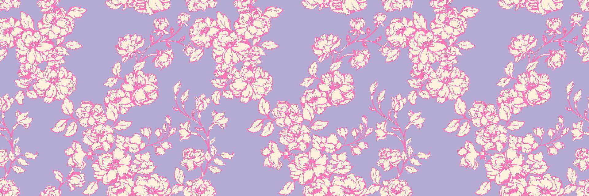 Seamless floral pattern featuring blossoms with delicate leaves on a purple violet background. Perfect for textiles, wallpaper, packaging, and stationery. Colorful and feminine design. vector