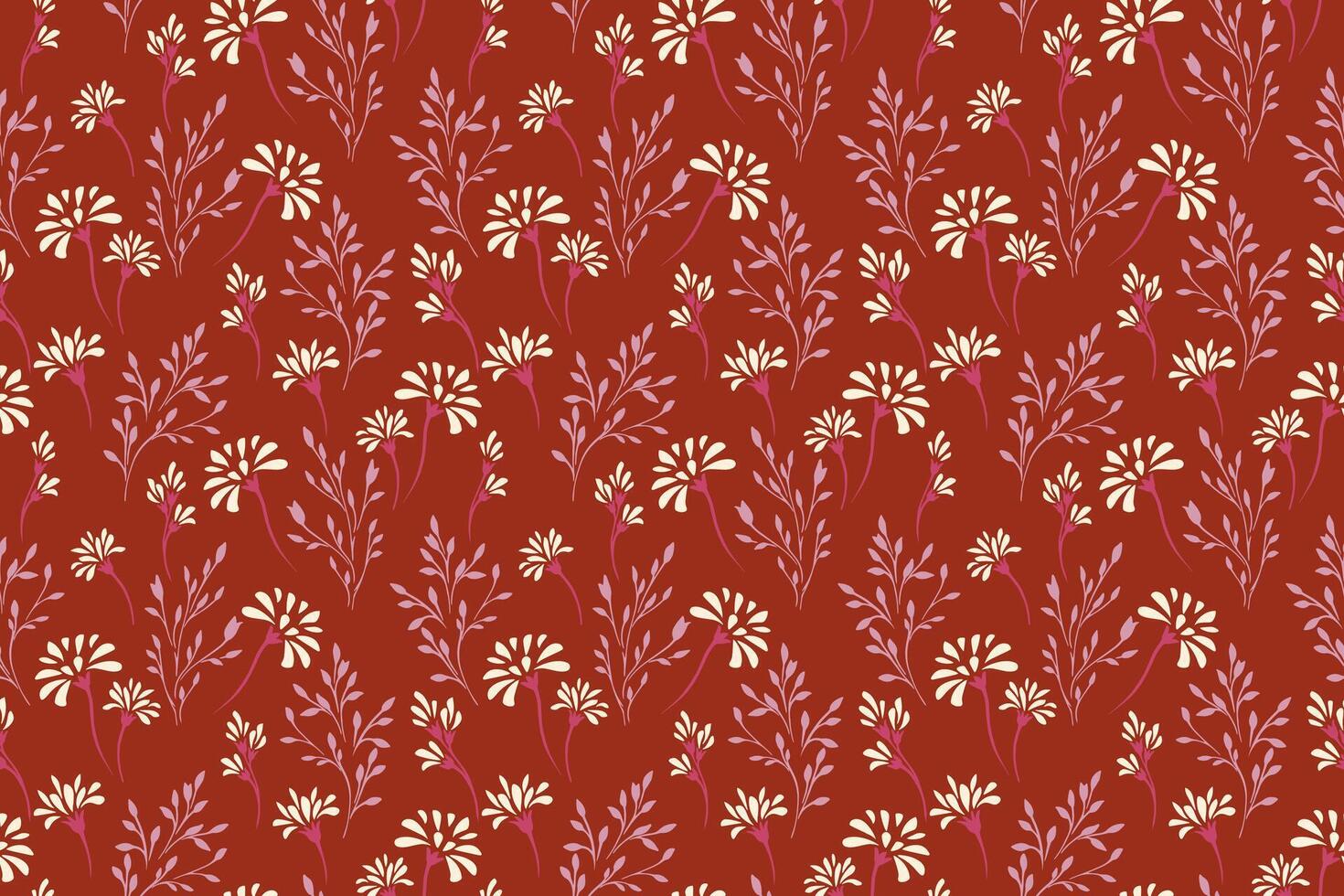 Seamless floral pattern with flowers and delicate stems on a warm brown background. Perfect for textiles, gift wrap, wallpaper, plain print ornament, and other decorative projects. vector