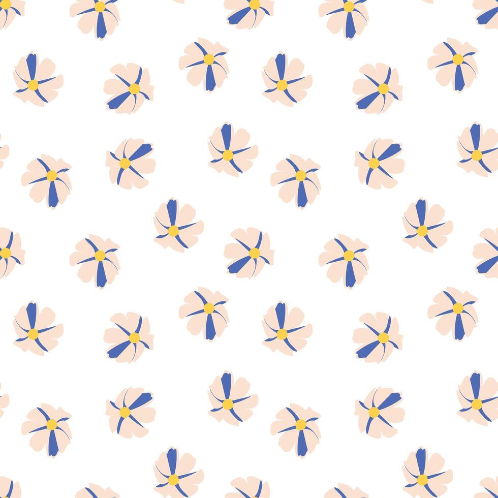 Seamless floral pattern, repeating cosmos flowers. Repeating background, print, repeatable texture, petals, blossoms, for textile, fabric, wrapping print. Flat illustration. vector