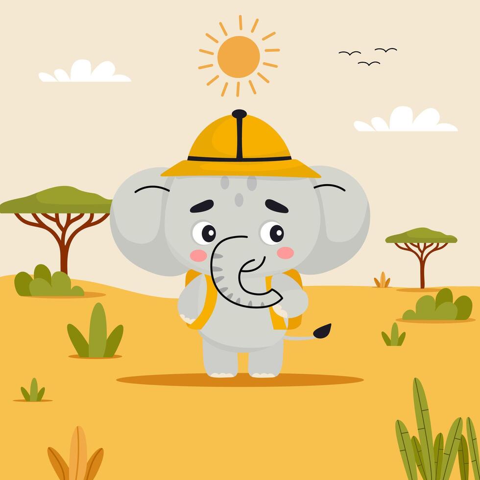 Elephant Greeting Card with Safari Hat and Savanna Landscape vector