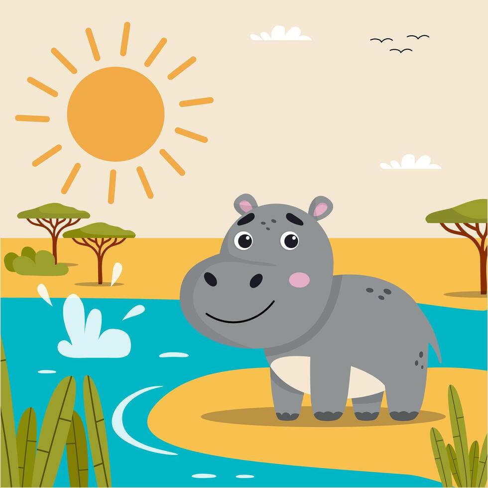Safari Animal Card Set with Hippo vector