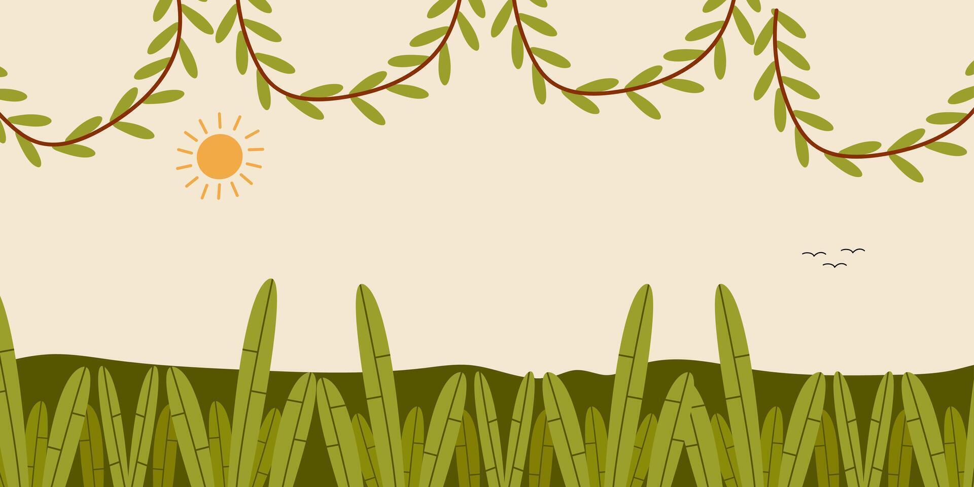 tropical leaves and vines with sun and birds background invitation vector