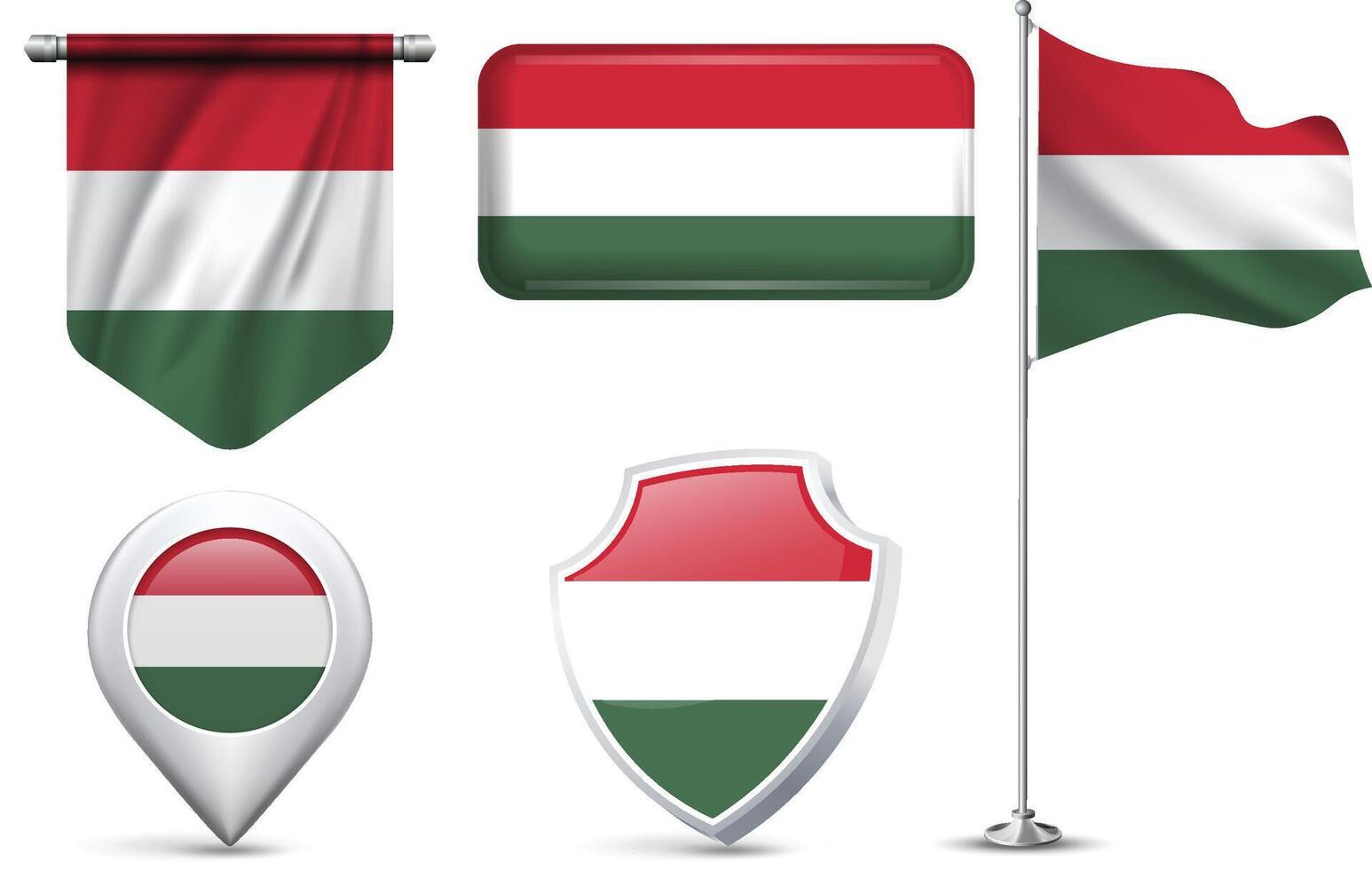 Various Hungary flag designs in different shapes and styles vector