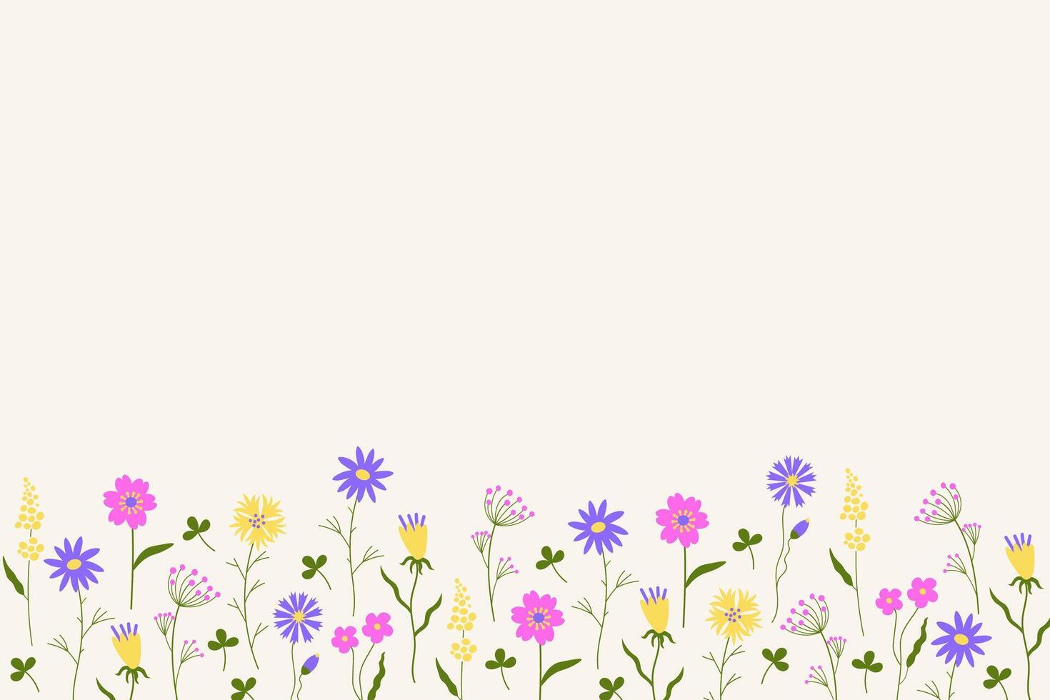 Flowered banner for text. Spring card with tiny blooming field flowers for congratulation, Happy Mother's Day, spring holiday, birthday. For postcards, printing products, print, paper, web vector