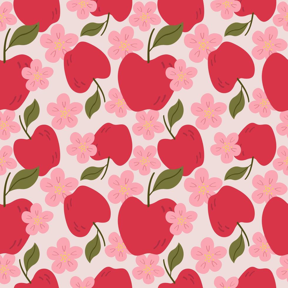 Flower seamless pattern with red Apples and bloom Branch. Repeating pink background with fruits harvest and blossom plants. Hand drawn botanical illustration for design, print, paper, card vector
