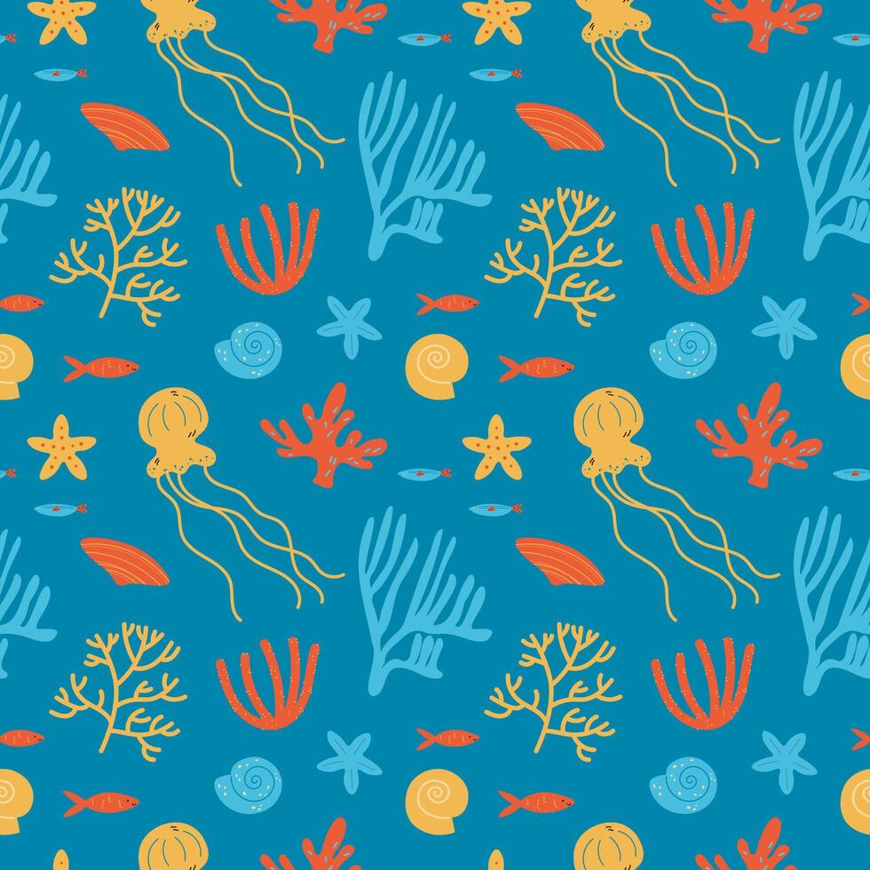 Marine seamless repeating pattern with seashells, corals, underwater world background. Rapport with sea life for design, textile, web, wrapping paper, packaging design, textile. vector