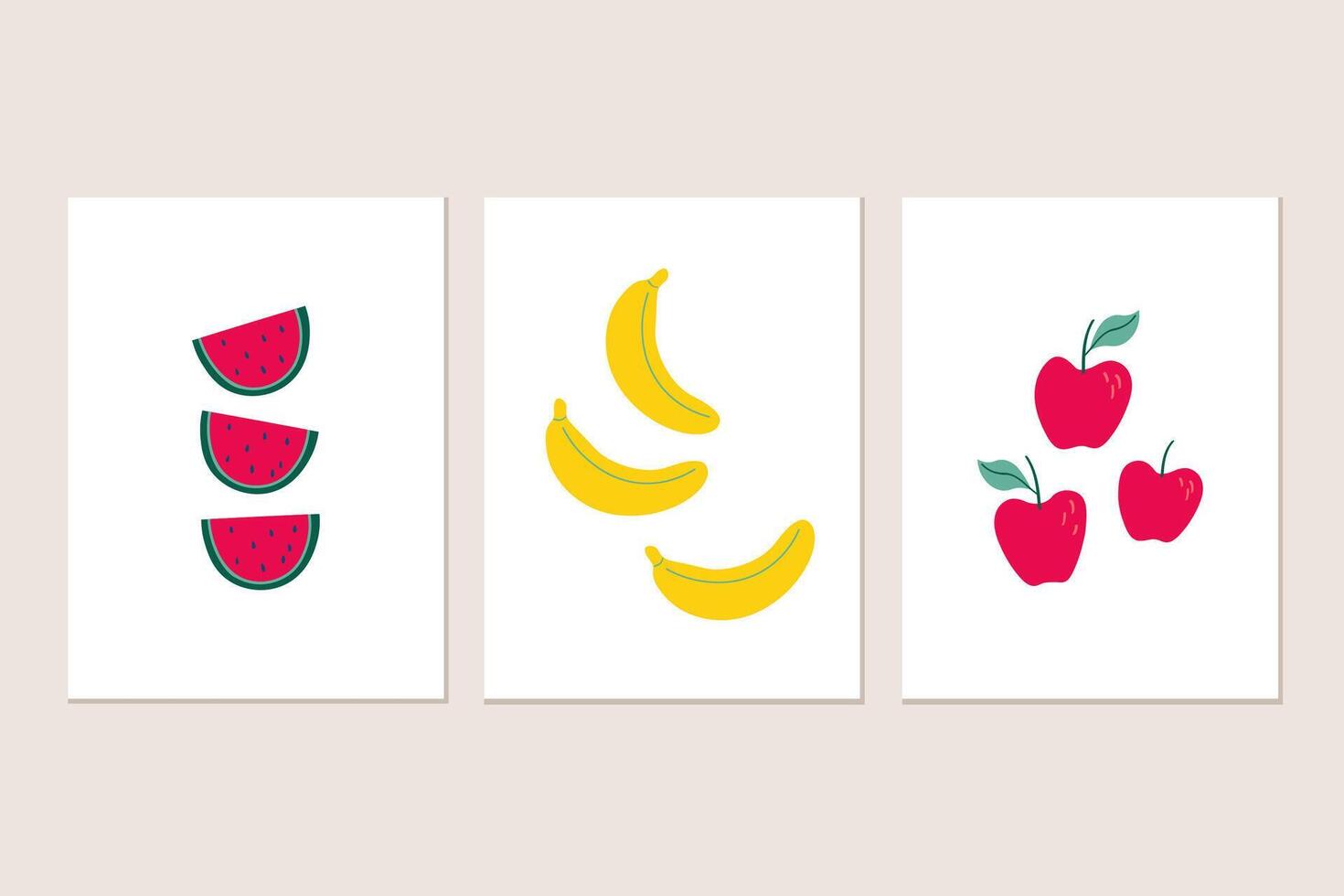 Posters with Fruits on isolated background. Drawn cards with watermelons, bananas, apples in flat style for printing, postcards, menu, wallpaper, decor, template. Food, summer, fruity harvest vector