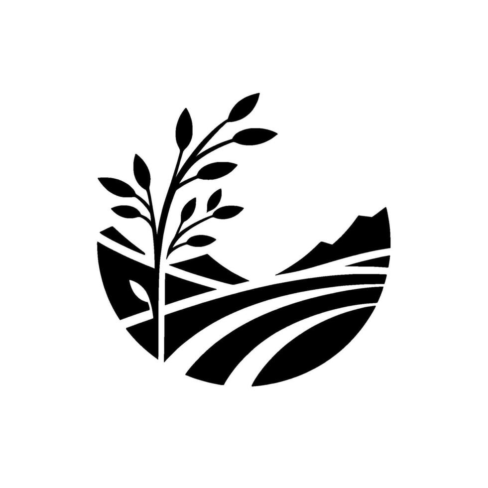 Minimalist Black and White Featuring a Branch, Rolling Hills, and Mountains Within a Circular Frame. vector