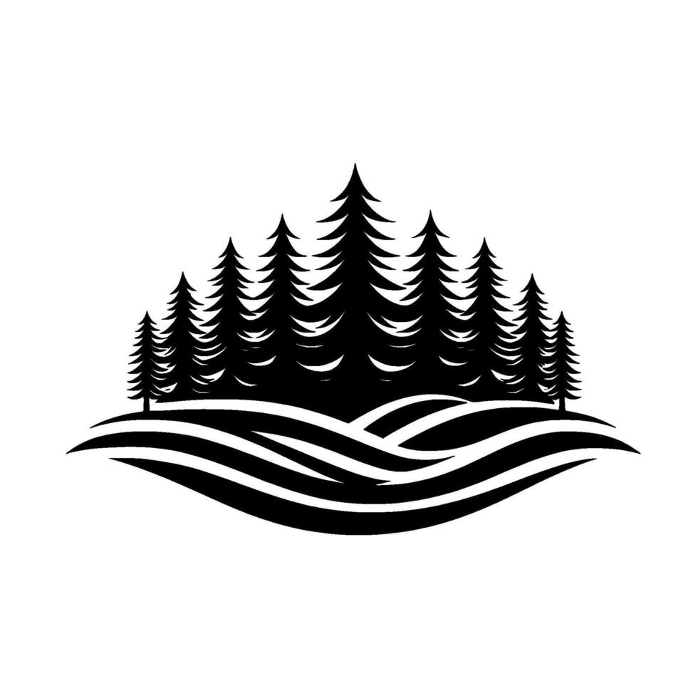 Black and White Silhouette of a Forest and Rolling Hills Landscape, Minimalist vector