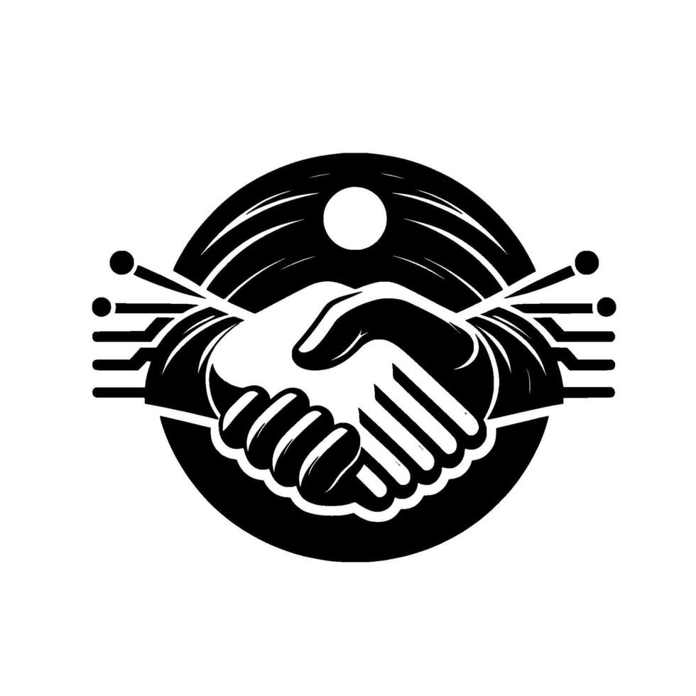 Symbolic black and white representing technological partnership and collaboration, depicted through a handshake within a circuitboardinspired circular frame. vector