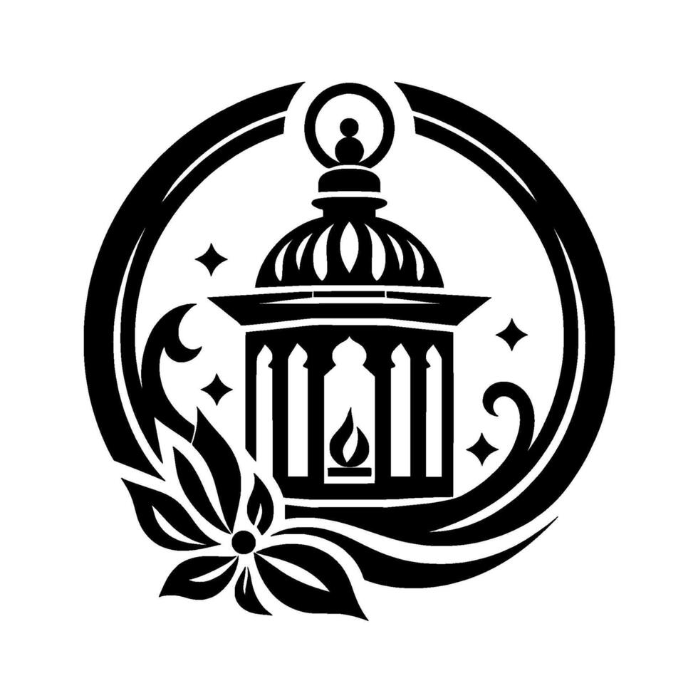 Elegant monochrome emblem featuring a stylized lantern with a candle flame, enclosed within a circular frame, accented by floral and starlike elements. vector