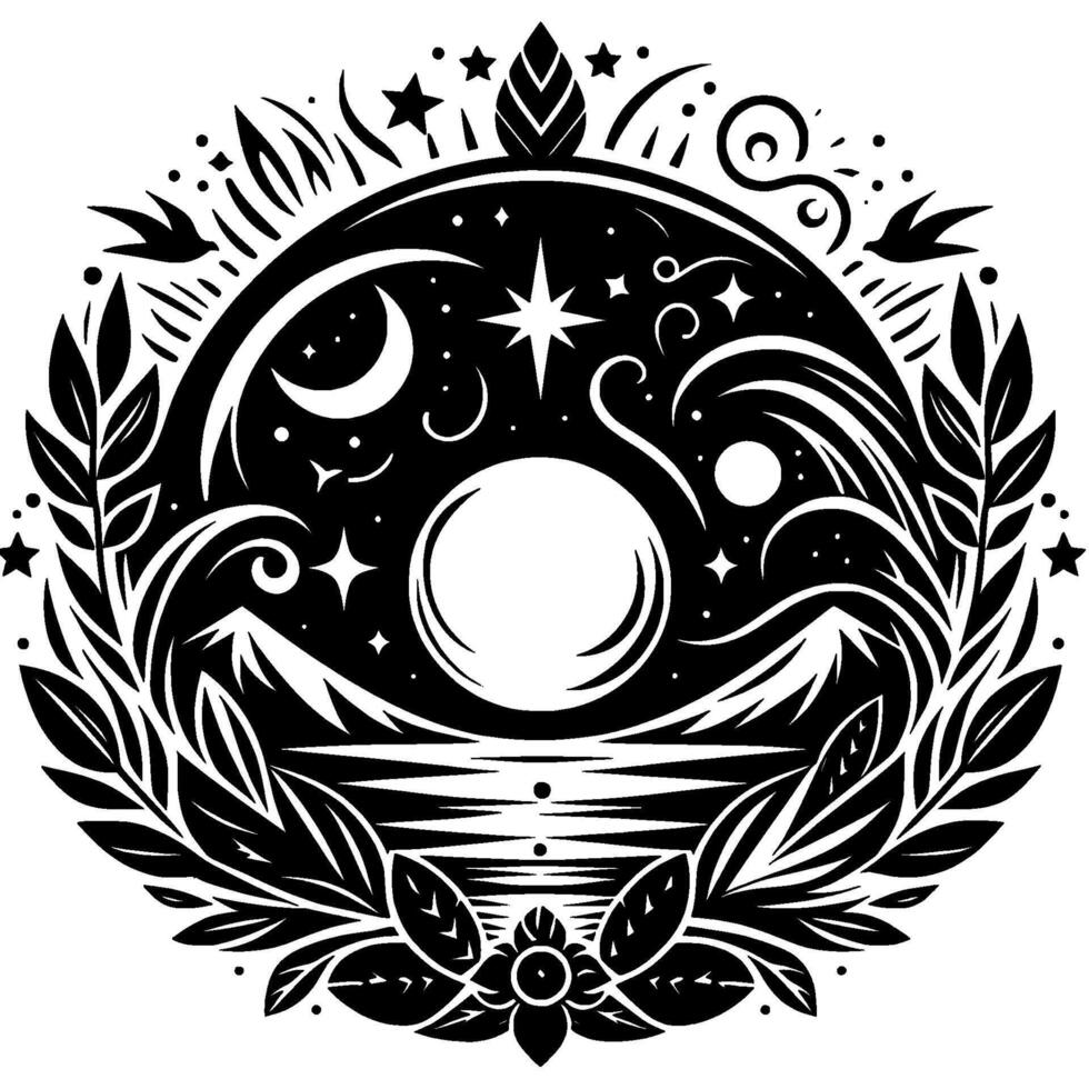 Celestial Mandala Moon, Stars, Birds, and Foliage Embellish a Circular Composition, Evoking Mystical and NatureInspired Harmony in Monochrome vector