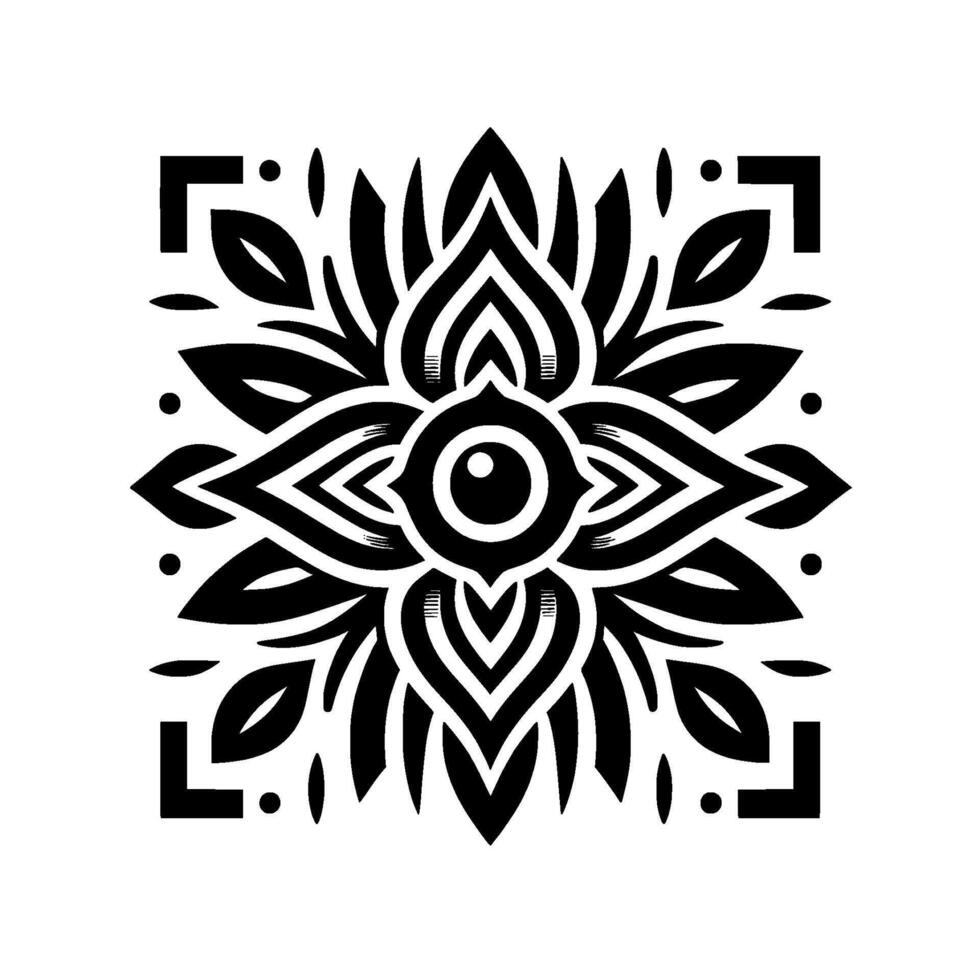 Black and White Symmetric Floral Mandala with an Eyelike Center and Geometric Borders, Ornamental Design. vector