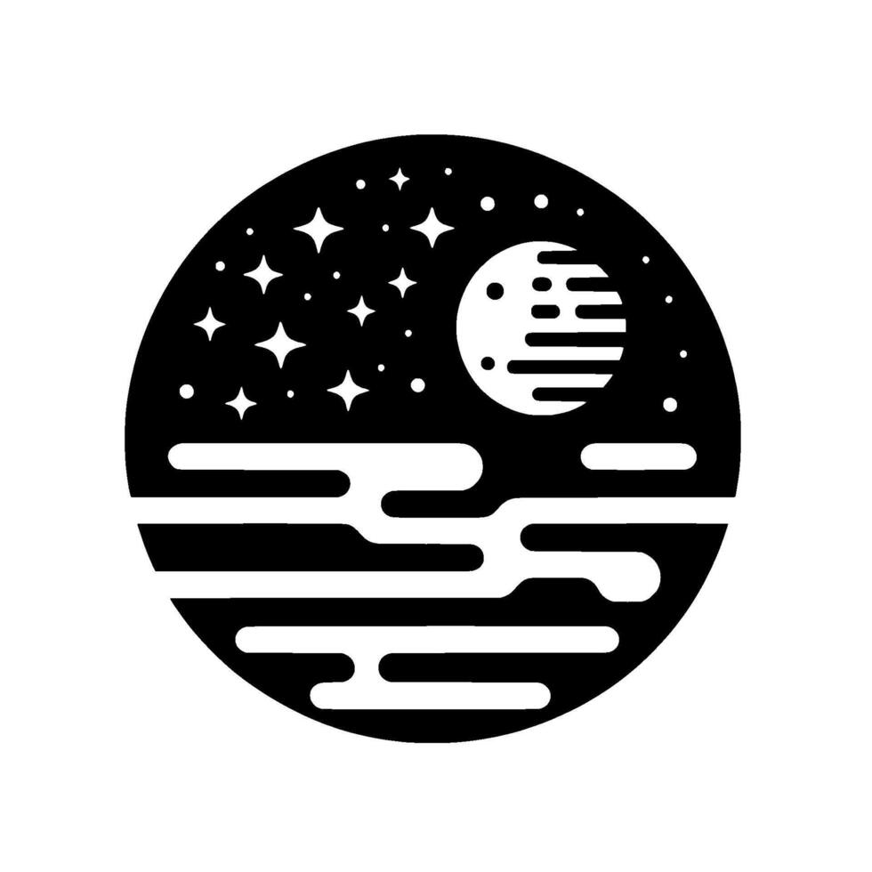 A minimalist black and white circular illustration featuring a starry night sky with a stylized moon over a sea or landscape. vector
