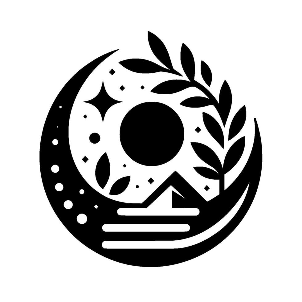 Minimalist celestial featuring a crescent moon, stars, sun, mountains, a tree, and a serene landscape. vector