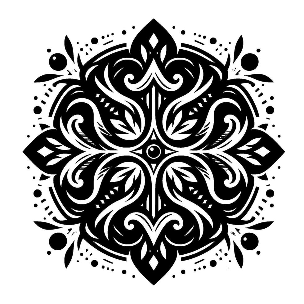 Intricate Black and White Mandala A symmetrical floral with swirling details, leaf motifs, and dotted accents, radiating elegance. vector