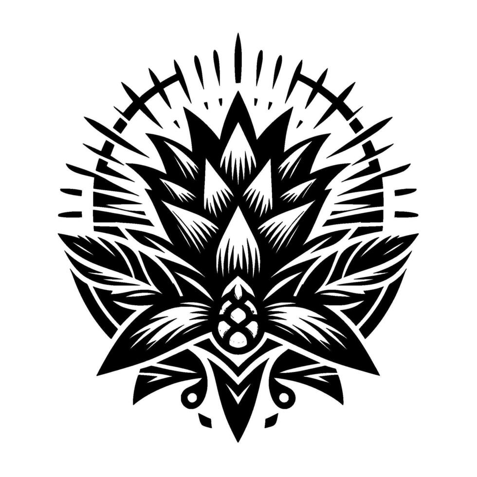Stylized Black and White Floral Mandala Featuring a Central Flower, Leaves, and Geometric Elements in a Circular Composition. vector