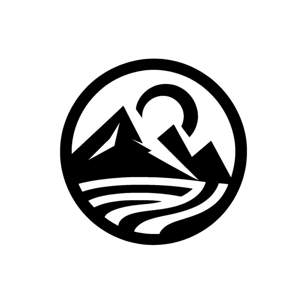 A bold, minimalist emblem of a mountainous landscape, sun, and water, encapsulated within a circular frame. vector