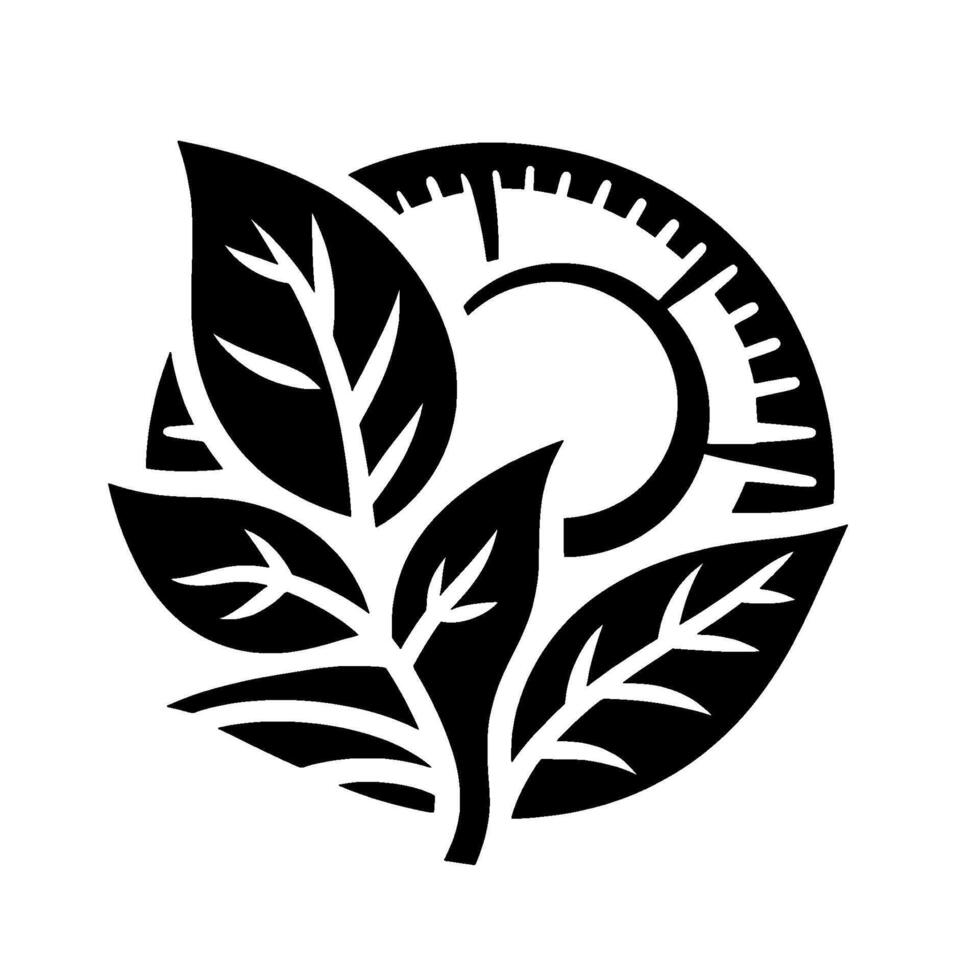 A stylized black and white of overlapping leaves intertwined with a circular resembling a dial or clock face, suggesting nature and precision. vector