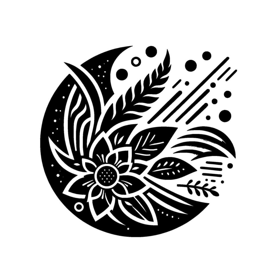 Stylized Black and White Floral Composition, Centered Within a Circle, Featuring a Prominent Flower, Leaves, and Decorative Elements, Modern Minimalism. vector