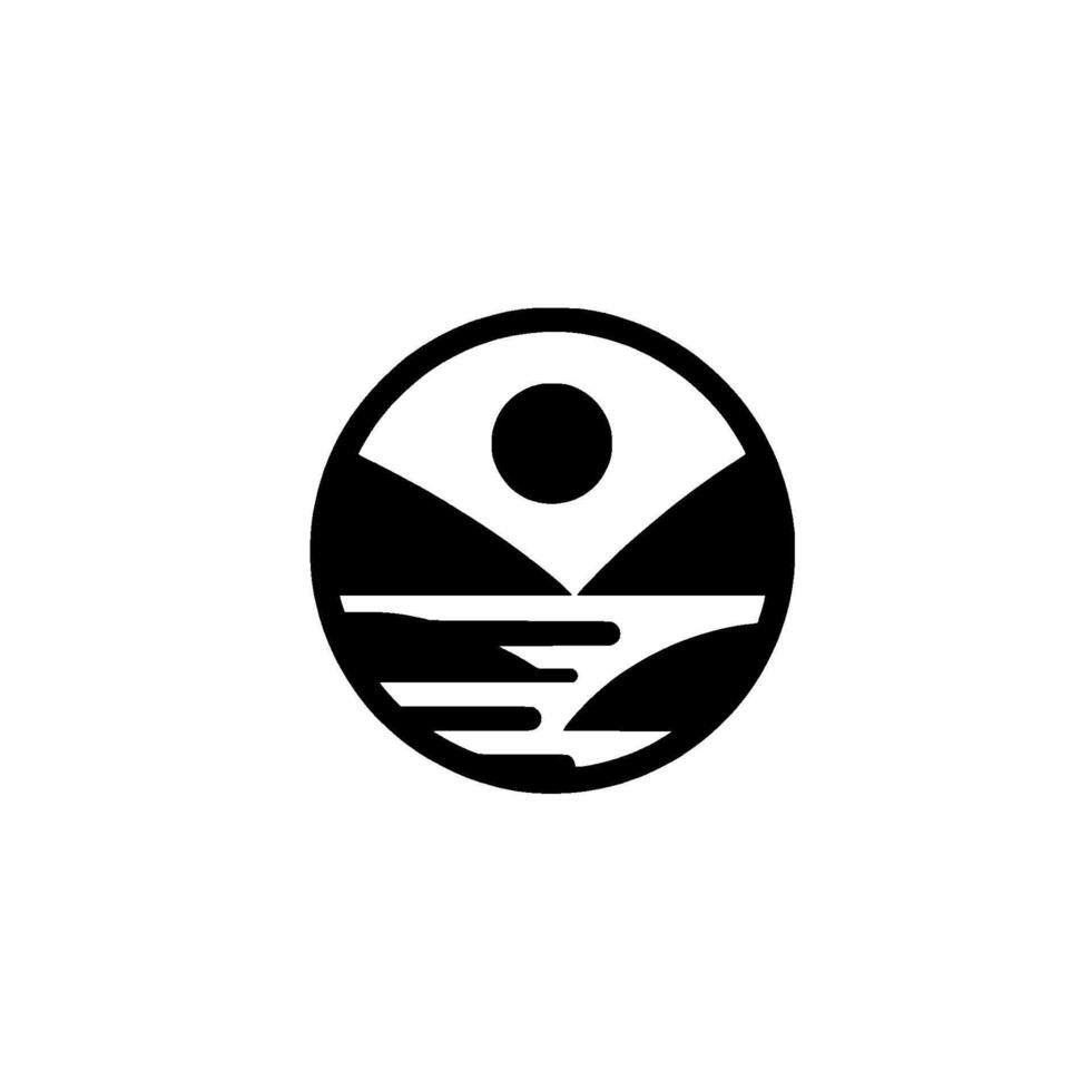 Minimalist Black and White Landscape Within a Circle A stylized depiction of mountains, water, and the sun, evoking a sense of tranquility and balance. vector