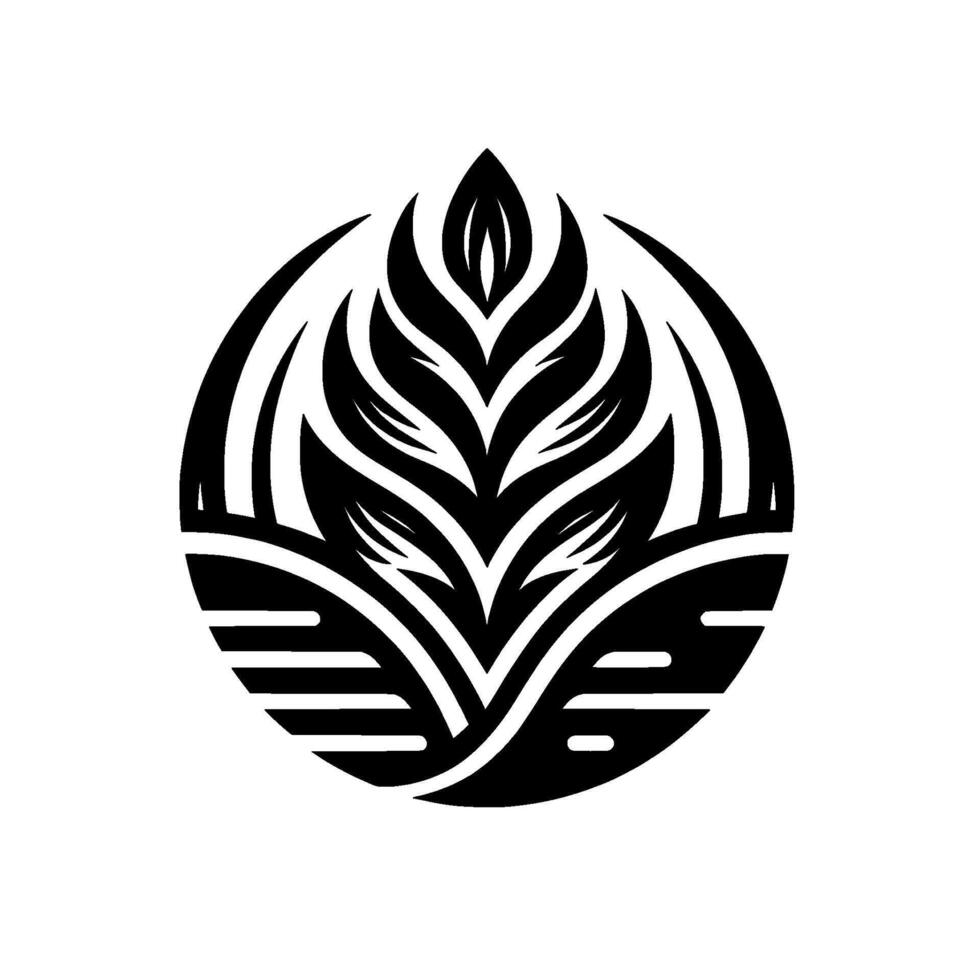 Black and white minimalist circular featuring stylized leaves and organic shapes representing growth and nature in a clean, modern design. vector
