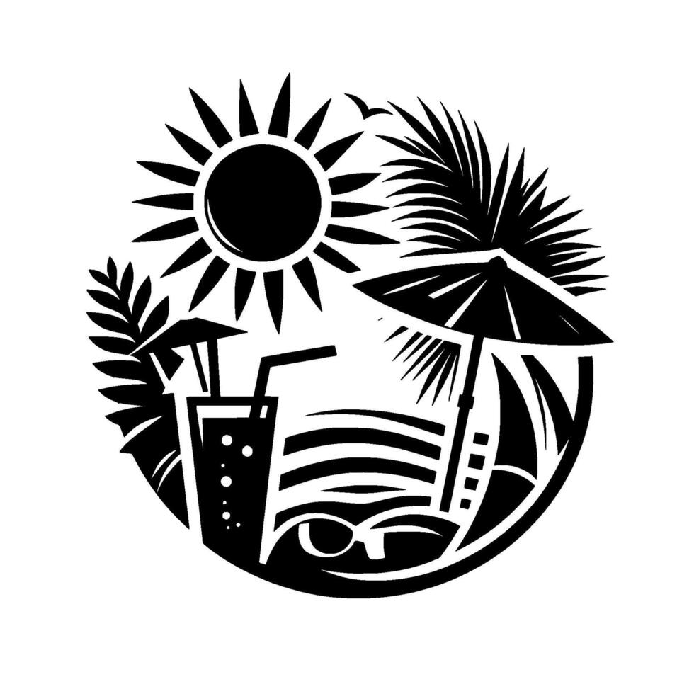 Black and White Beach Paradise Sun, Umbrella, Drink, and Sunglasses, Depicted in a Circular Silhouette. vector