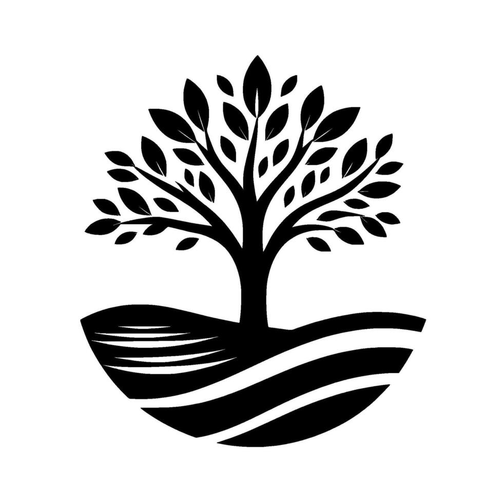 Black and White Stylized Tree Silhouette with Rounded Base Representing Earth, Depicting Growth and Natures Resilience. vector