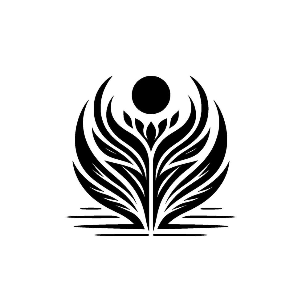 A symmetrical, black and white botanical illustration featuring a central flowering element with arching leaves and a spherical sun or moon, radiating tranquility. vector