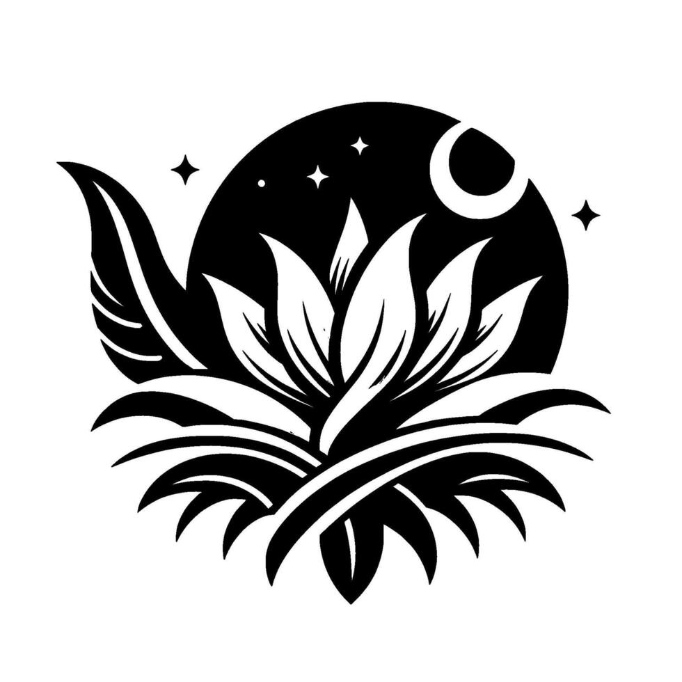 A stylized black and white illustration of a blooming lotus flower against a night sky backdrop, with moon and stars. vector