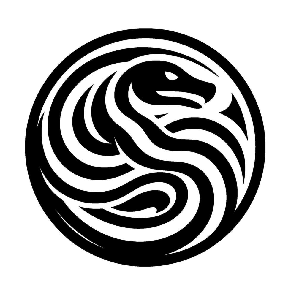 Symbolic Black White Circular Logo A stylized serpent with curved, flowing lines forming a dynamic, symmetrical within a circle, representing energy. vector