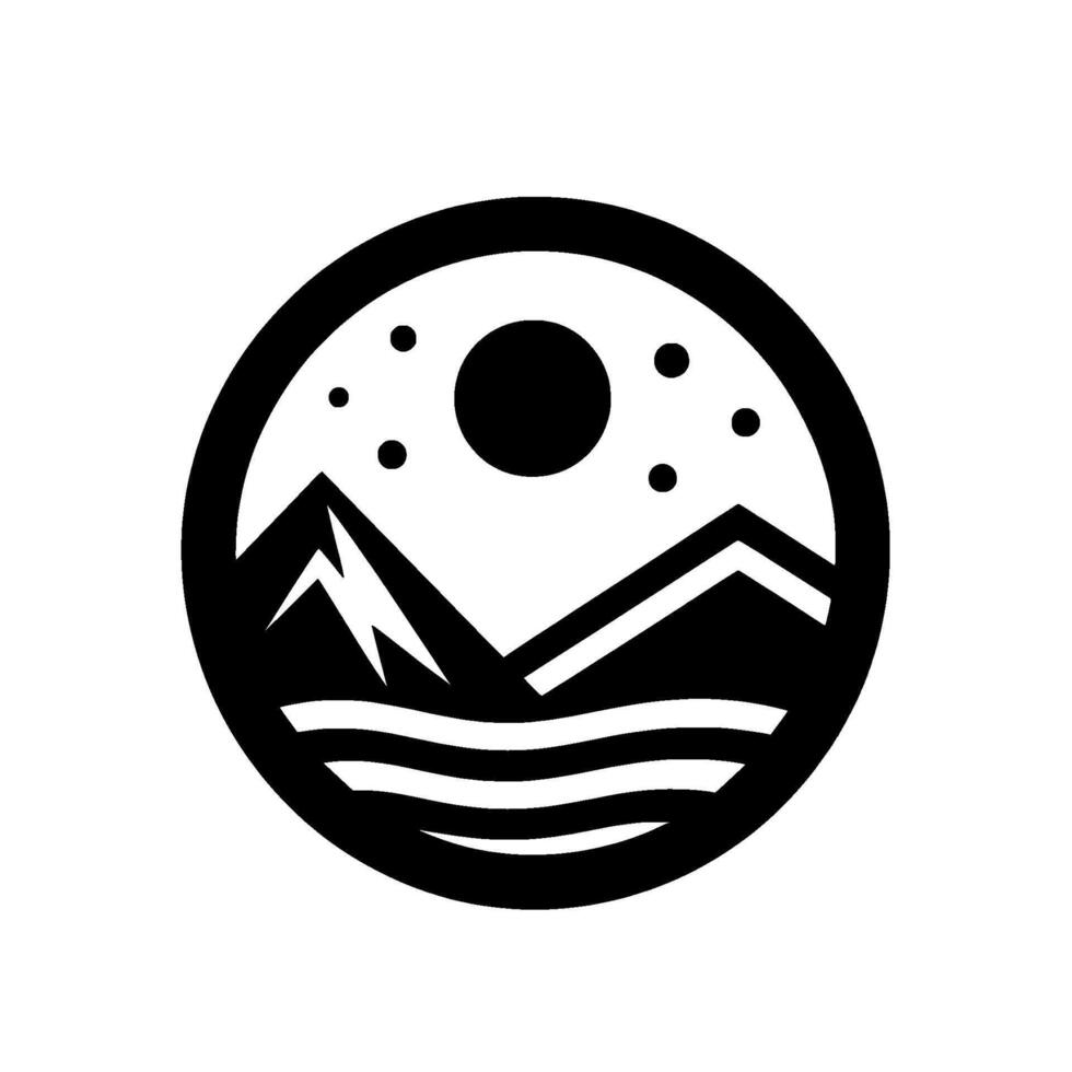 Minimalist Black and White Circular Logo Mountains, Water, Stars, and Sun Representing Natures Serenity. vector