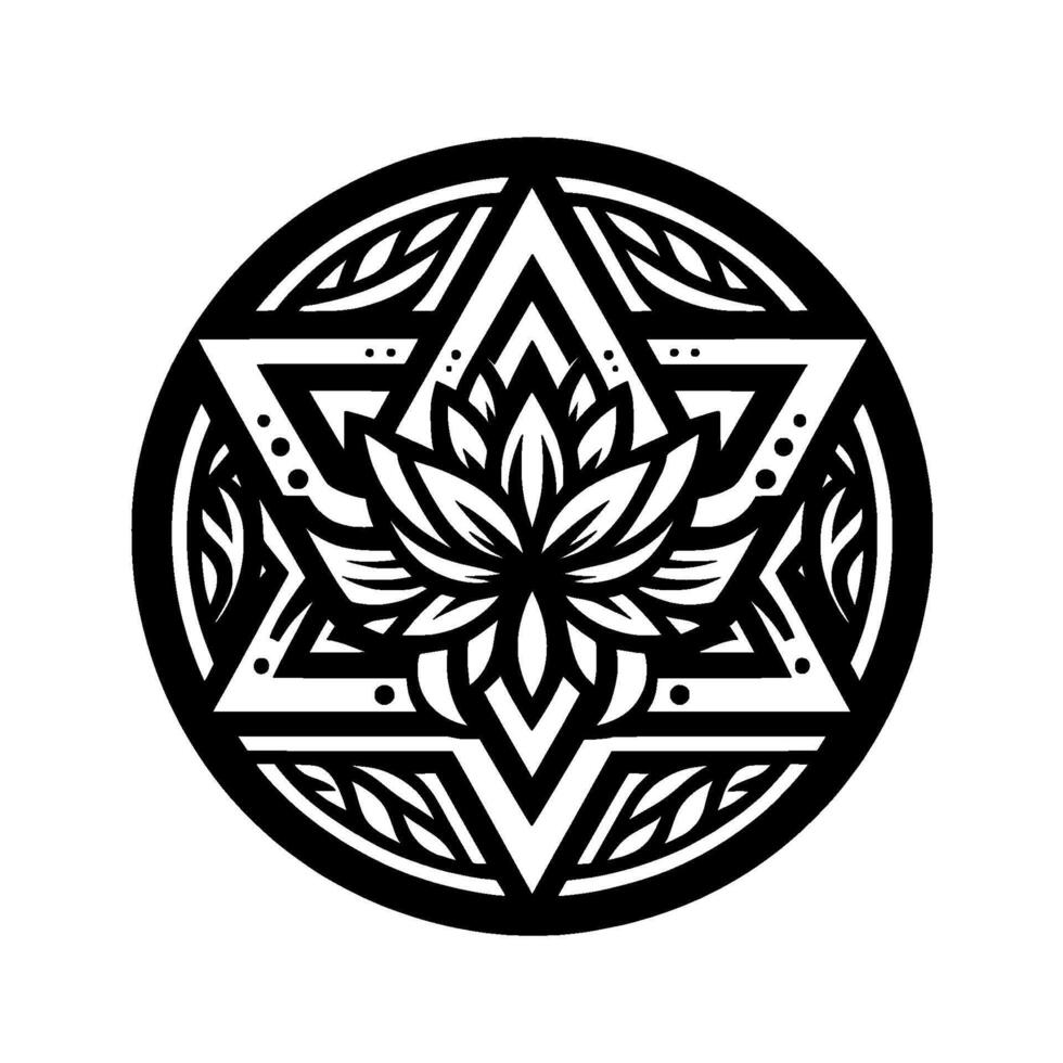 Intricate Black and White Sacred Geometry Mandala Featuring a Lotus Flower Center and Star of Davidlike Structure within a Circular Frame, Illustrating Spiritual Harmony. vector