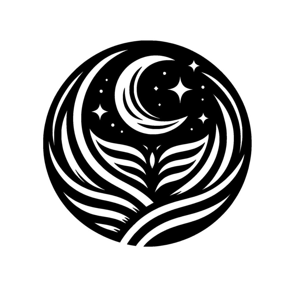 Stylized Black and White Circular Design Crescent Moon, Stars, and Winglike Embellishments within a Wavy Pattern. vector