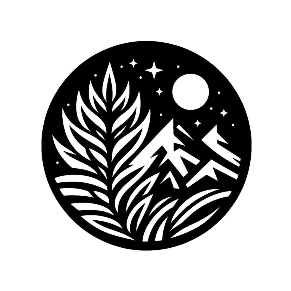 Minimalist Night Scene A Black and White Circular Composition Featuring Mountains, Plants, Stars, and a Full Moon, Evoking Serenity. vector