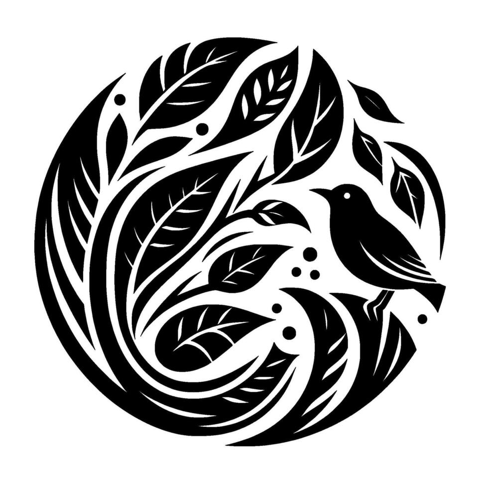 Elegant black and white circular emblem featuring a stylized bird perched amidst intricate leafy foliage and delicate dot accents. vector