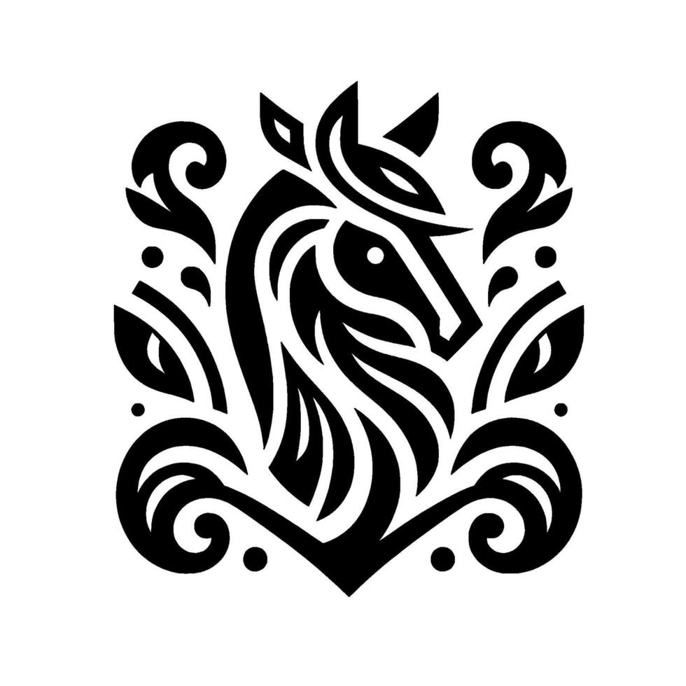 A stylized black and white heraldic emblem, showcasing a majestic horse head framed by ornamental foliage and swirling curves, exuding elegance and strength. vector