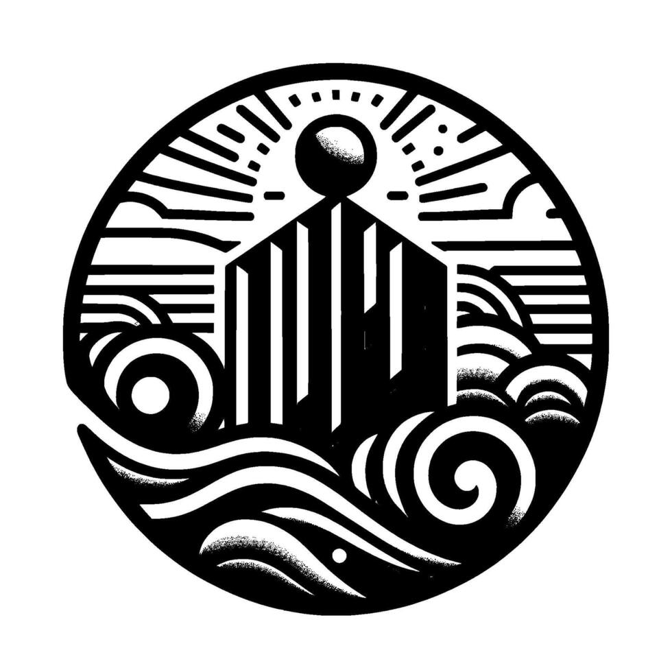 Minimalist black and white illustration of a stylized coastal landscape within a circular frame, featuring a building, ocean, and sun. vector