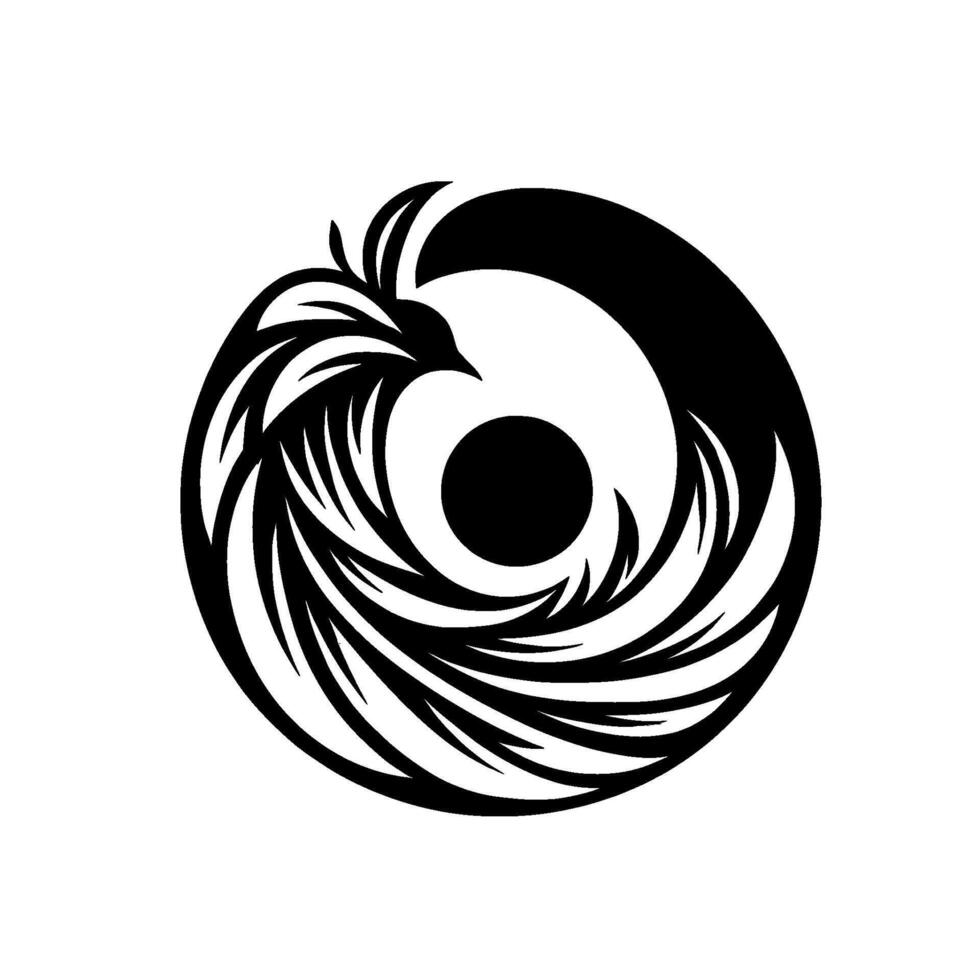 A stylized black and white bird icon, its form gracefully intertwined with a YinYanginspired shape, exuding balance and dynamic energy. vector