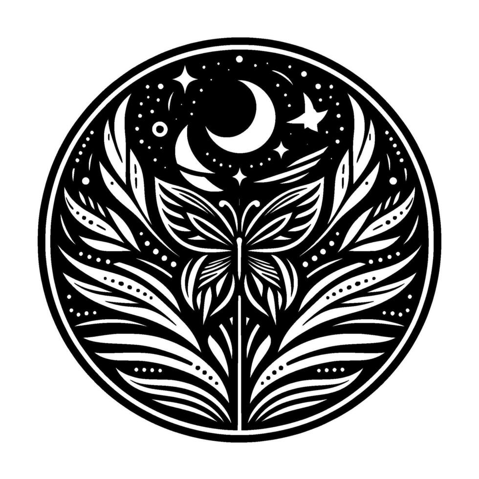 Intricate Monochrome Circle Illustration A butterfly centerpiece surrounded by celestial elements, including a crescent moon, stars, and decorative flora within a detailed border. vector