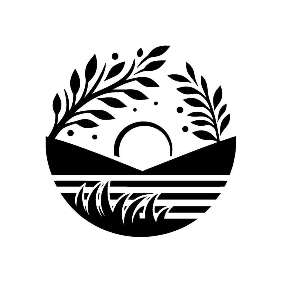 Minimalist Black and White Circular Landscape Illustration Sunrise Over Hills with Foliage and Grassy Foreground. vector