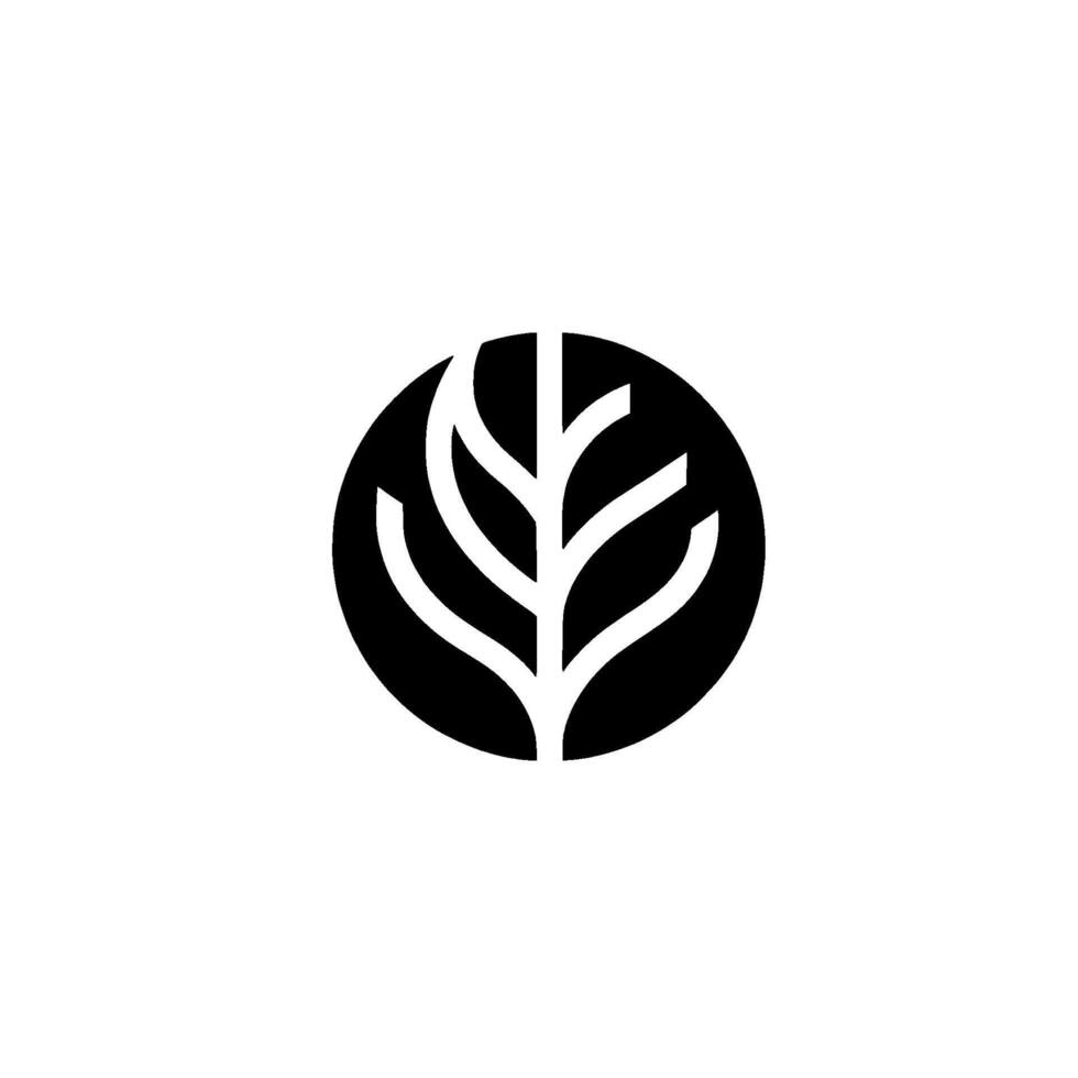 A minimalist black and white featuring a stylized leaf encapsulated within a circular frame, set against a plain white background. vector