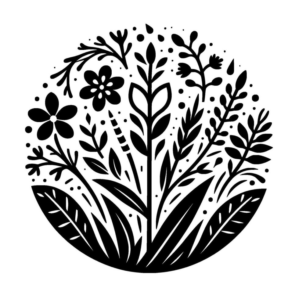 An elegantly stylized botanical arrangement within a circular frame, composed of various leaves, flowers, and floral accents in a monochromatic, minimalist design. vector