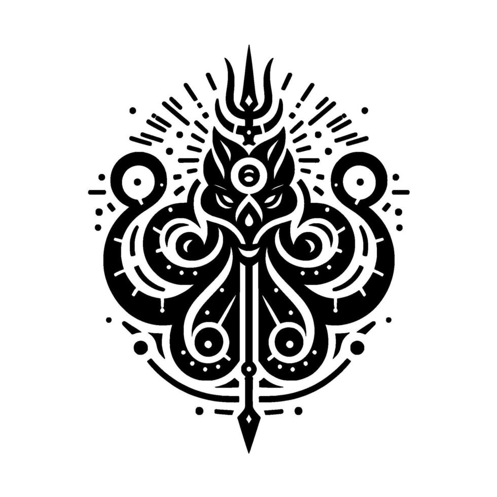 Intricate Black and White Ornamental Design A Symmetric Composition Featuring a stylized felinelike figure at the center, adorned with decorative patterns and radial elements, evoking a sense of mys vector