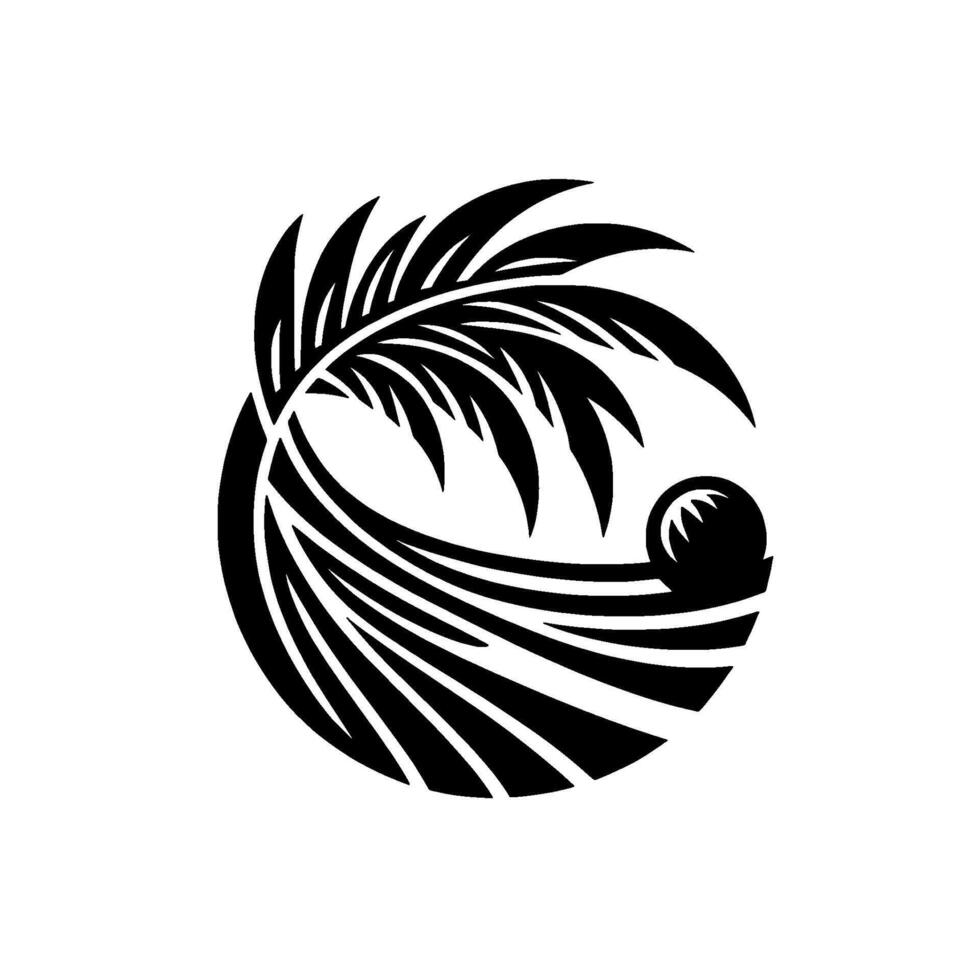 A minimalist black and white depicting a stylized palm tree, waves, and a spherical element, enclosed within a circular shape, suggesting tropical vibes. vector