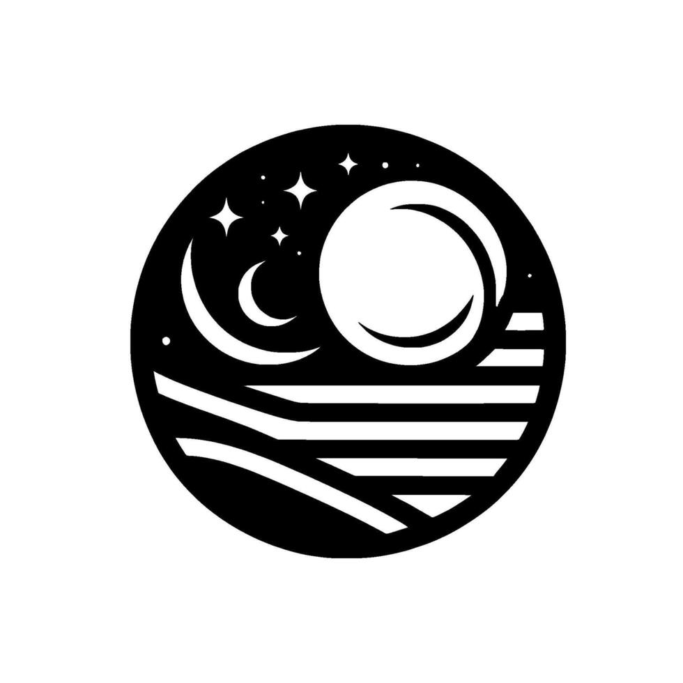 Minimalist celestial illustration with crescent moon, full moon, stars, and stylized landscape inside a black circle, evoking a sense of night and serenity. vector