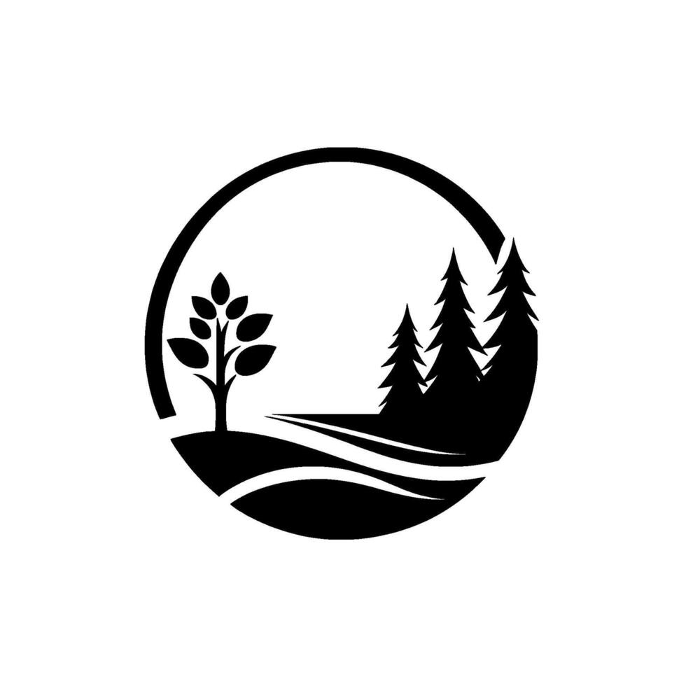 Minimalist Black and White Circular Landscape Featuring a Leafy Tree, Coniferous Trees, and Rolling Hills. vector
