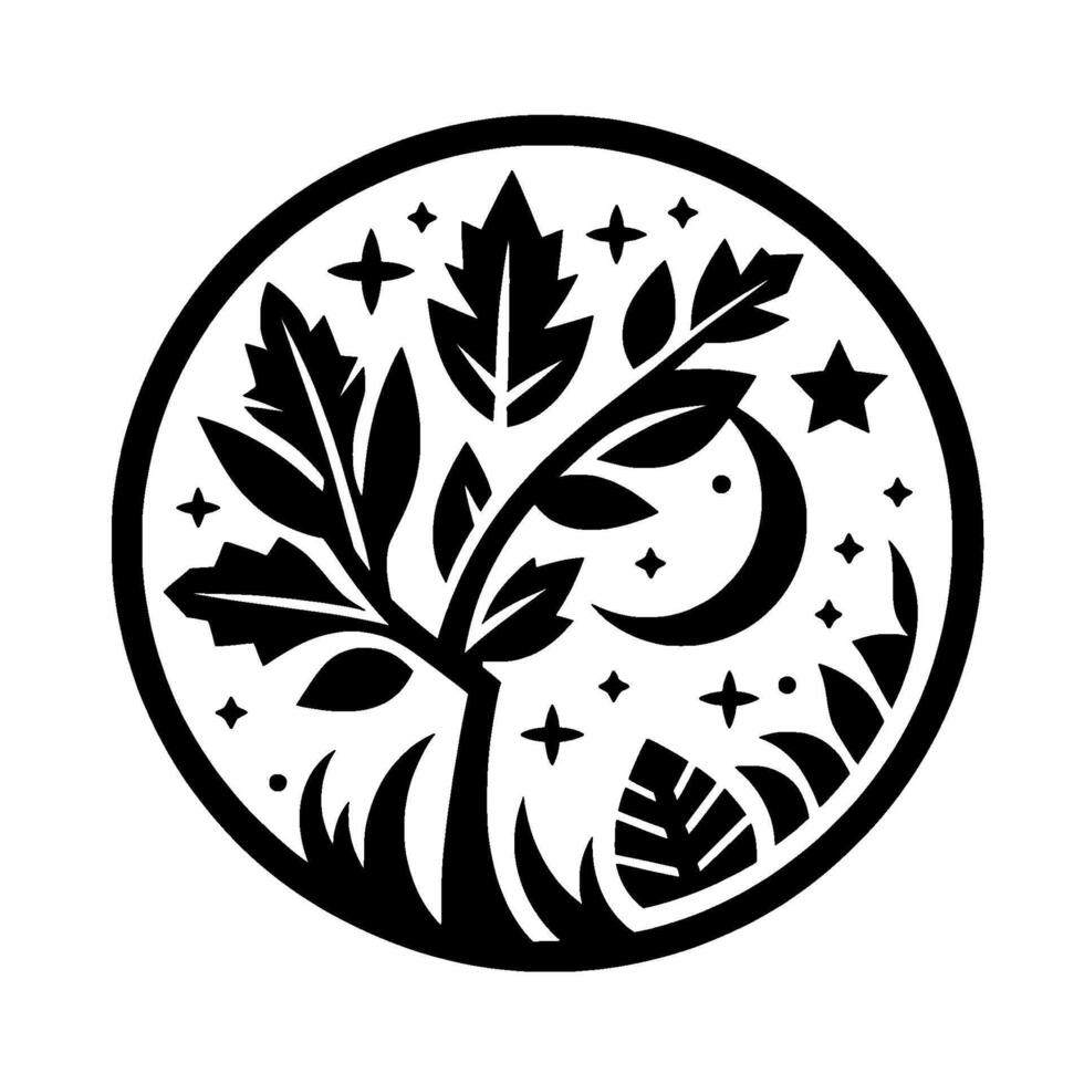 A stylized, black and white emblem featuring a tree with leaves, stars, a crescent moon, and grass, enclosed within a circular frame. vector