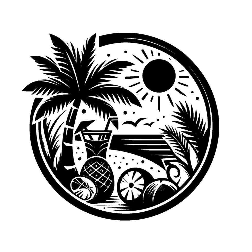 Black and white illustration of a tropical beach scene inside a circle, featuring palm tree, drink, fruit, sun, and birds. vector