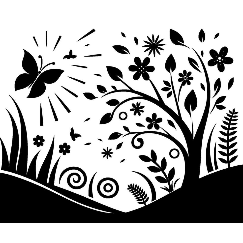 A monochrome floral silhouette of a tree, blossoms, butterflies, grass, and stylized foliage against a stark white background, evoking a sense of spring. vector